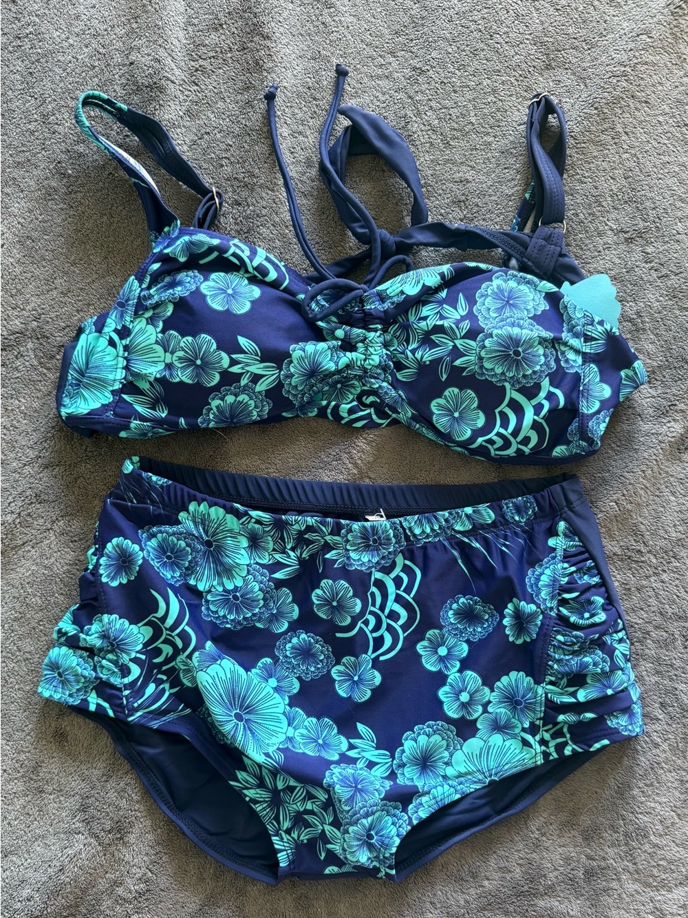 Navy Blue Floral Bikini Set - Turquoise Flower Print